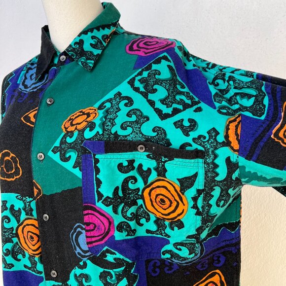 Vintage 1990's Montage 100% Rayon Color Block Button-Down W's XL / Retro Revival - Picture 1 of 15
